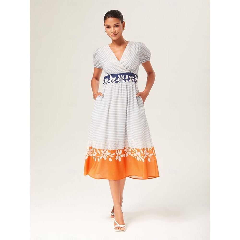 Ador Striped Linen Feel A Line Midi Dress striped  size L juniors
